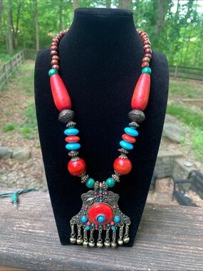 Vintage Bohemian Red and Turquoise Statement Necklace